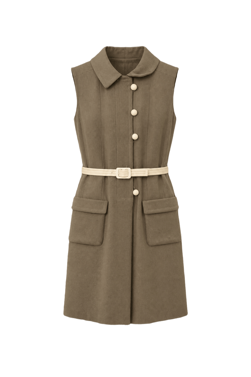 1960s Taupe Wool Blend Dress - Front View