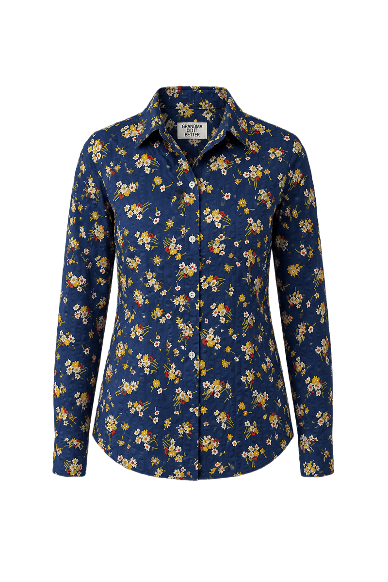 1970s Navy Blue Polyester Blouse - Front View