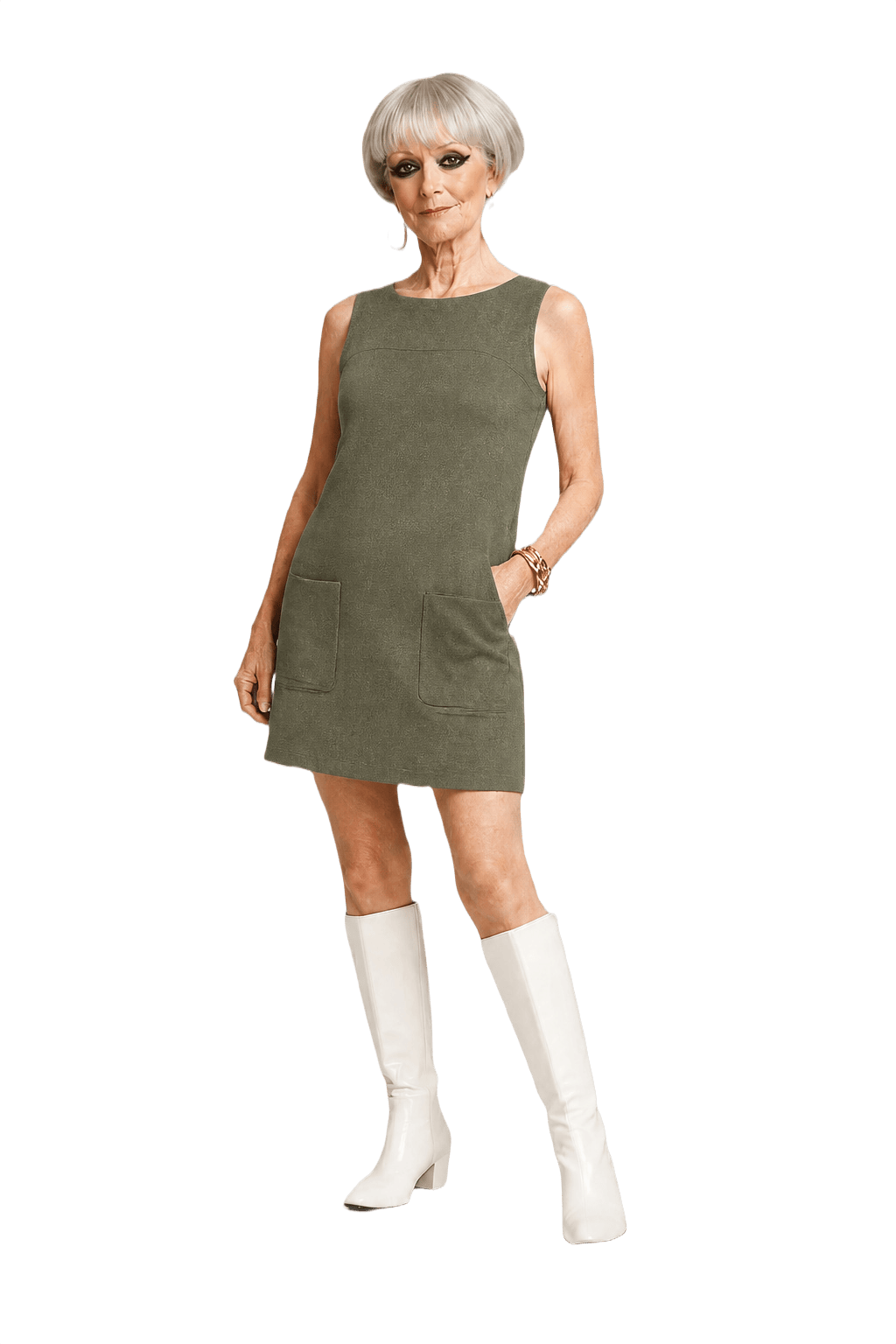 1960s Olive Green Wool Blend Shift Dress - Model