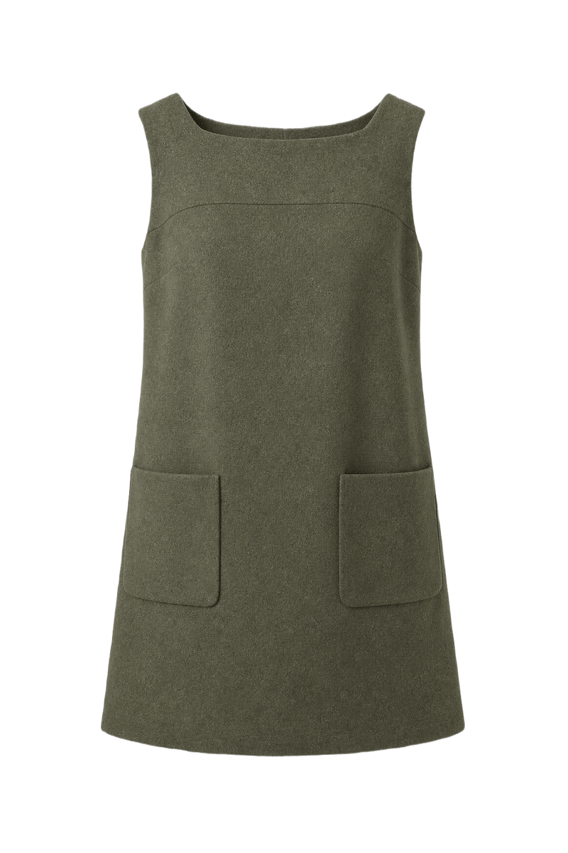 1960s Olive Green Wool Blend Shift Dress - Front View
