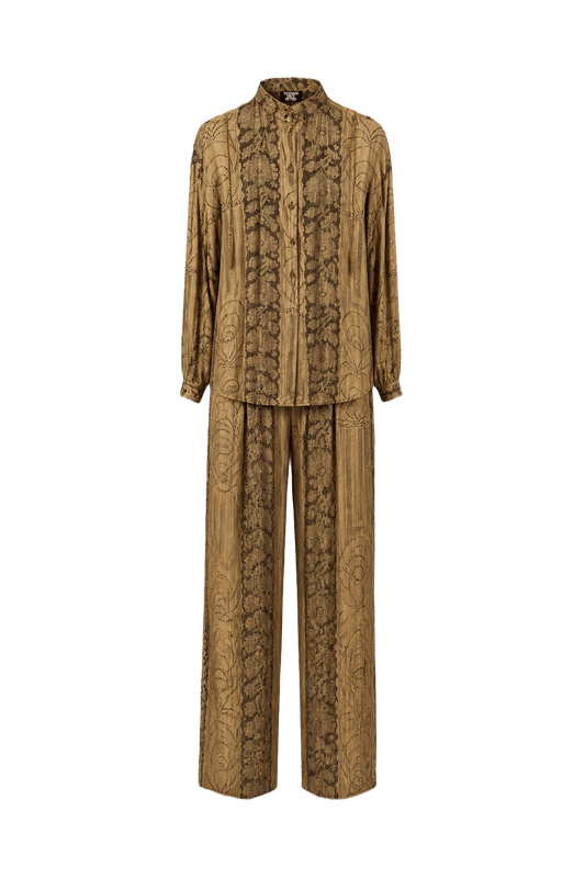 1970s Metallic Gold Polyester Blouse and Trousers Set - Front View