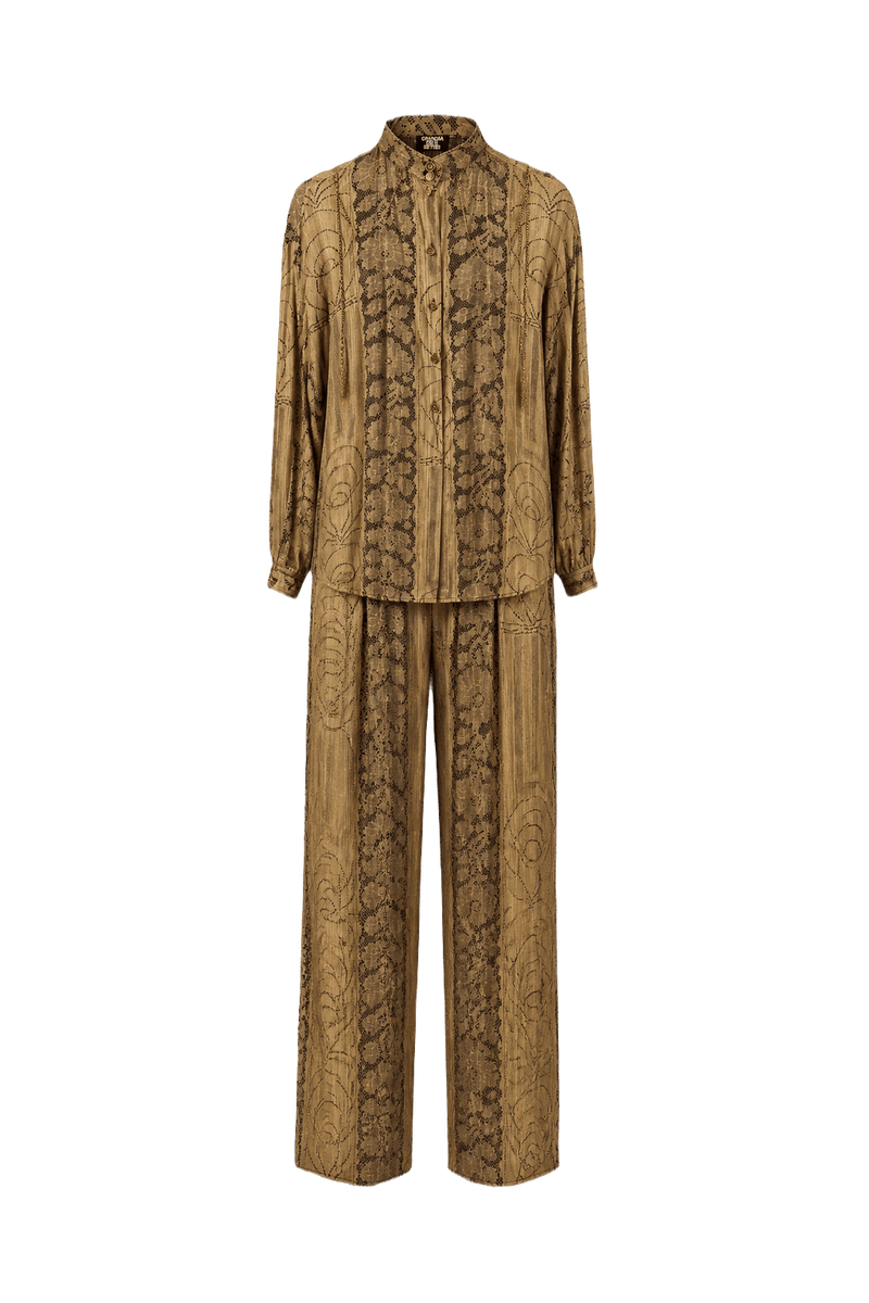 1970s Metallic Gold Polyester Blouse and Trousers Set - Front View