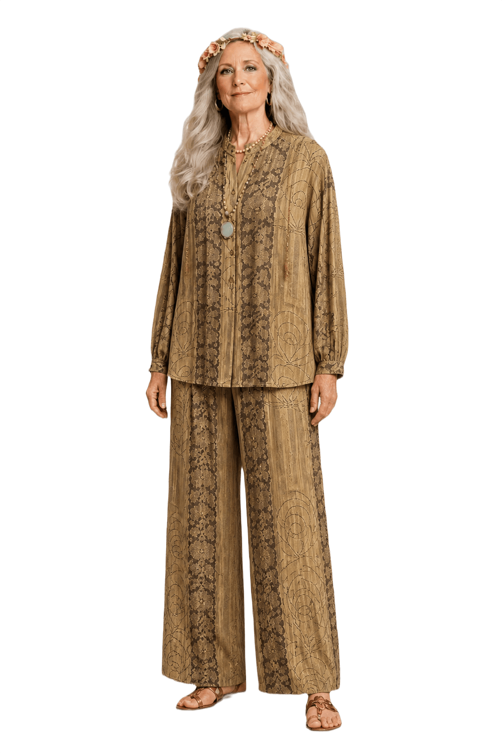 1970s Metallic Gold Polyester Blouse and Trousers Set - Model
