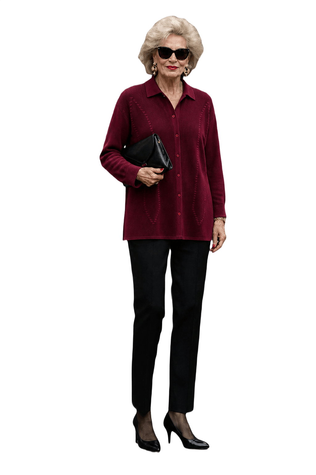 1980s Burgundy Polyester Blouse - Model