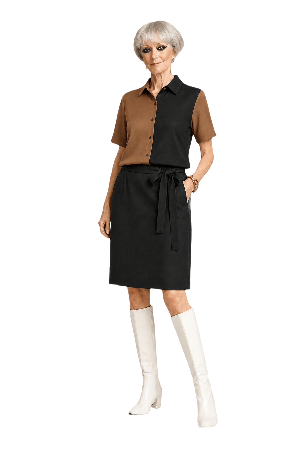 1960s Black and Brown Polyester Blouse + Skirt Set - Model