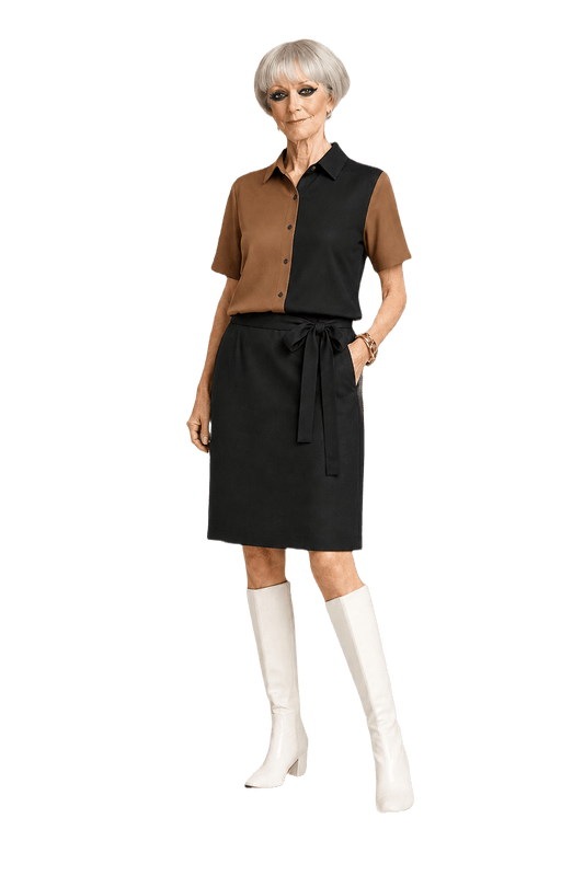 1960s Black and Brown Polyester Blouse + Skirt Set - Model
