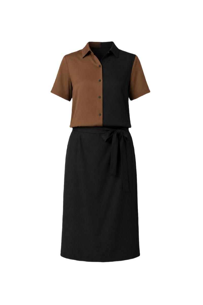 1960s Black and Brown Polyester Blouse + Skirt Set - Front View