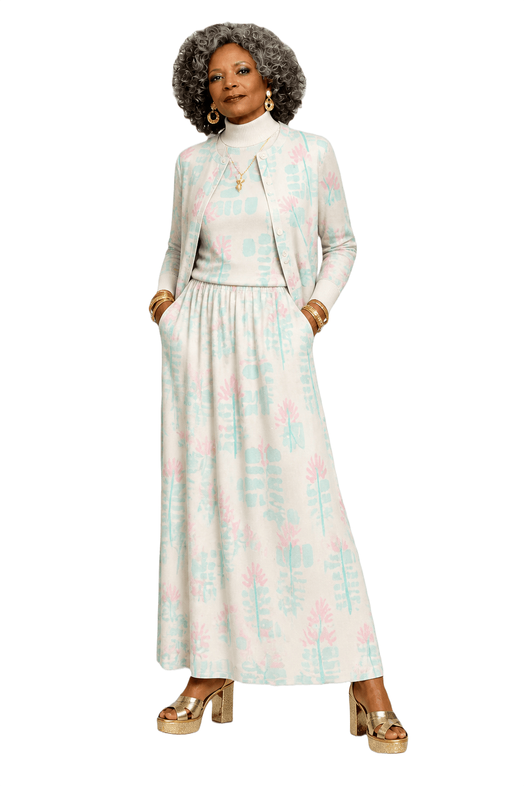 1980s White Pastel Pink Polyester Top and Skirt Set - Model