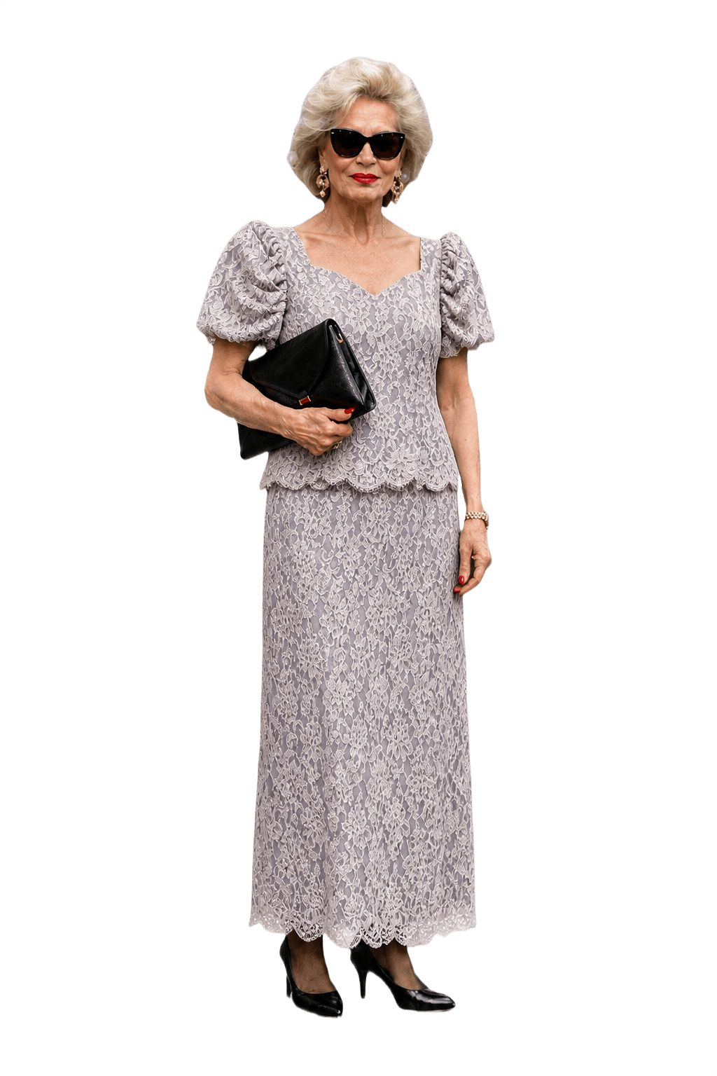 1980s Lavender Lace Off-the-Shoulder Dress - Model