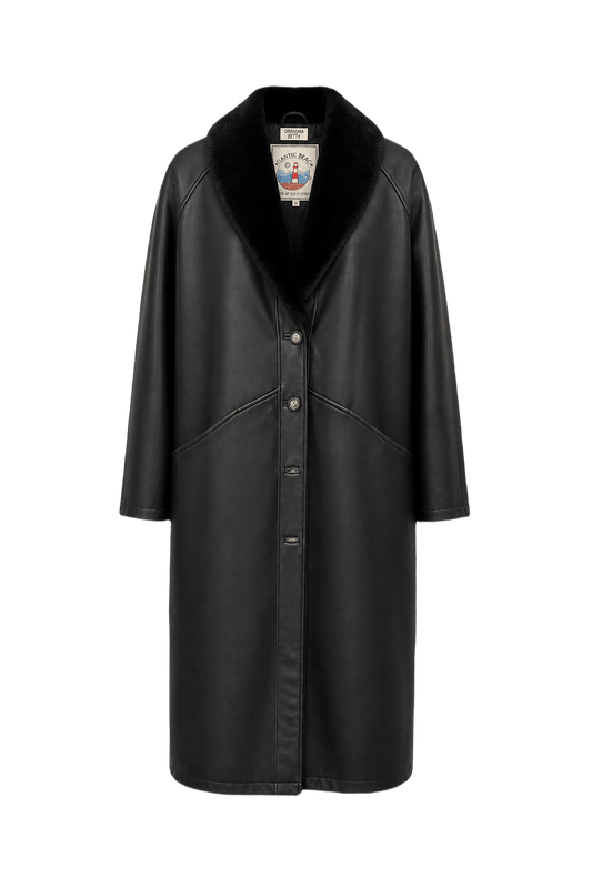 [1980s] Black Leather Coat - Front View