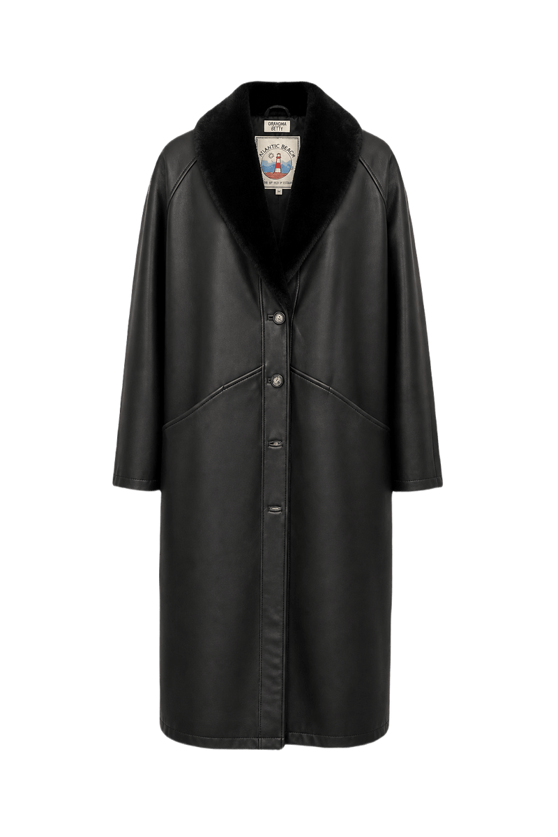 [1980s] Black Leather Coat - Front View