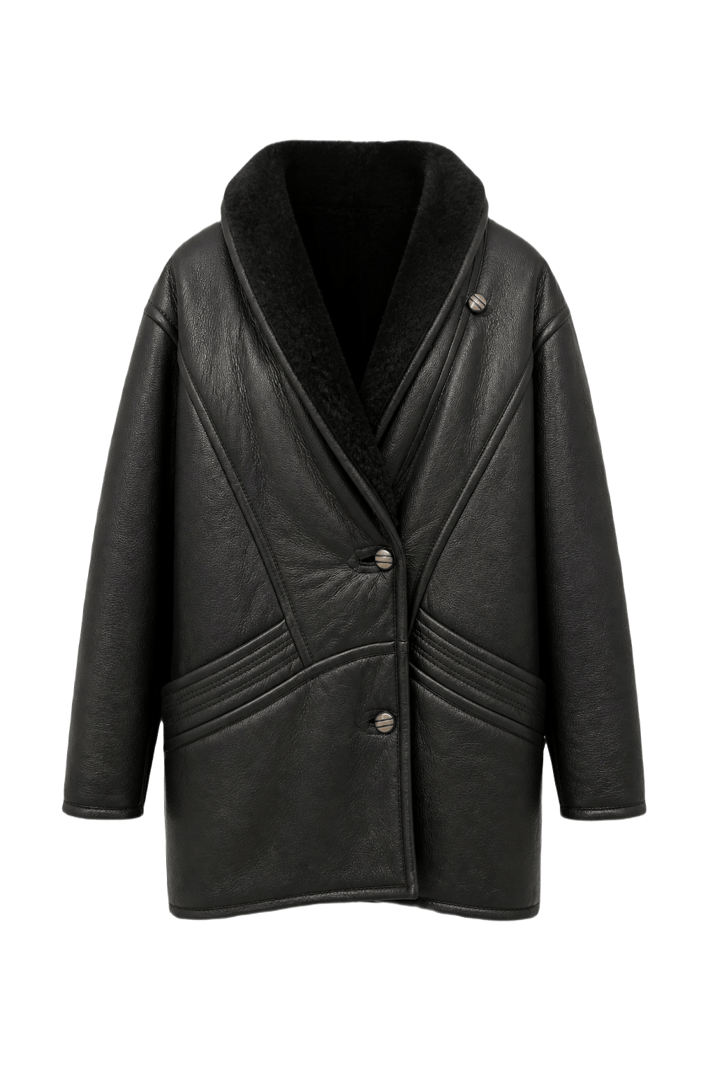 1980s Black Leather Coat - Front View