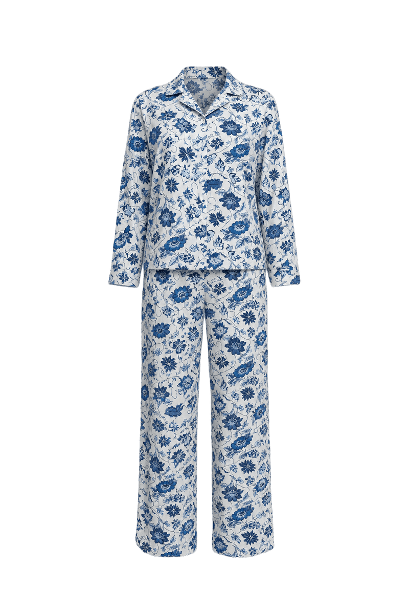 1970s White Blue Floral Cotton Top and Bottom Set - Front View