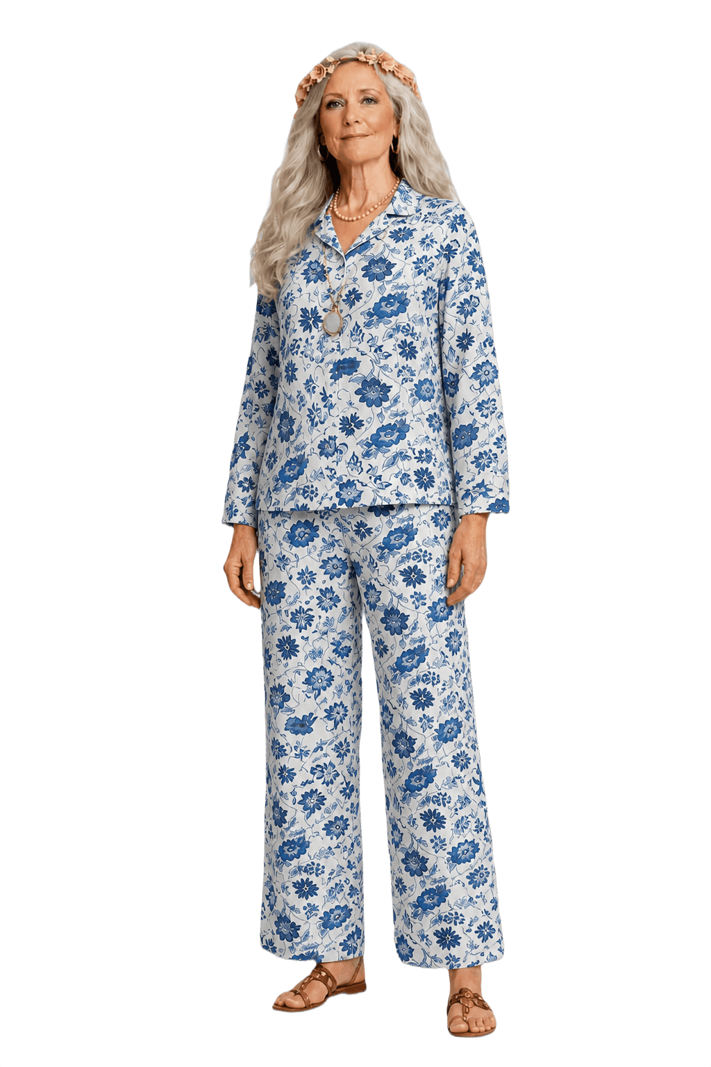 1970s White Blue Floral Cotton Top and Bottom Set - Model