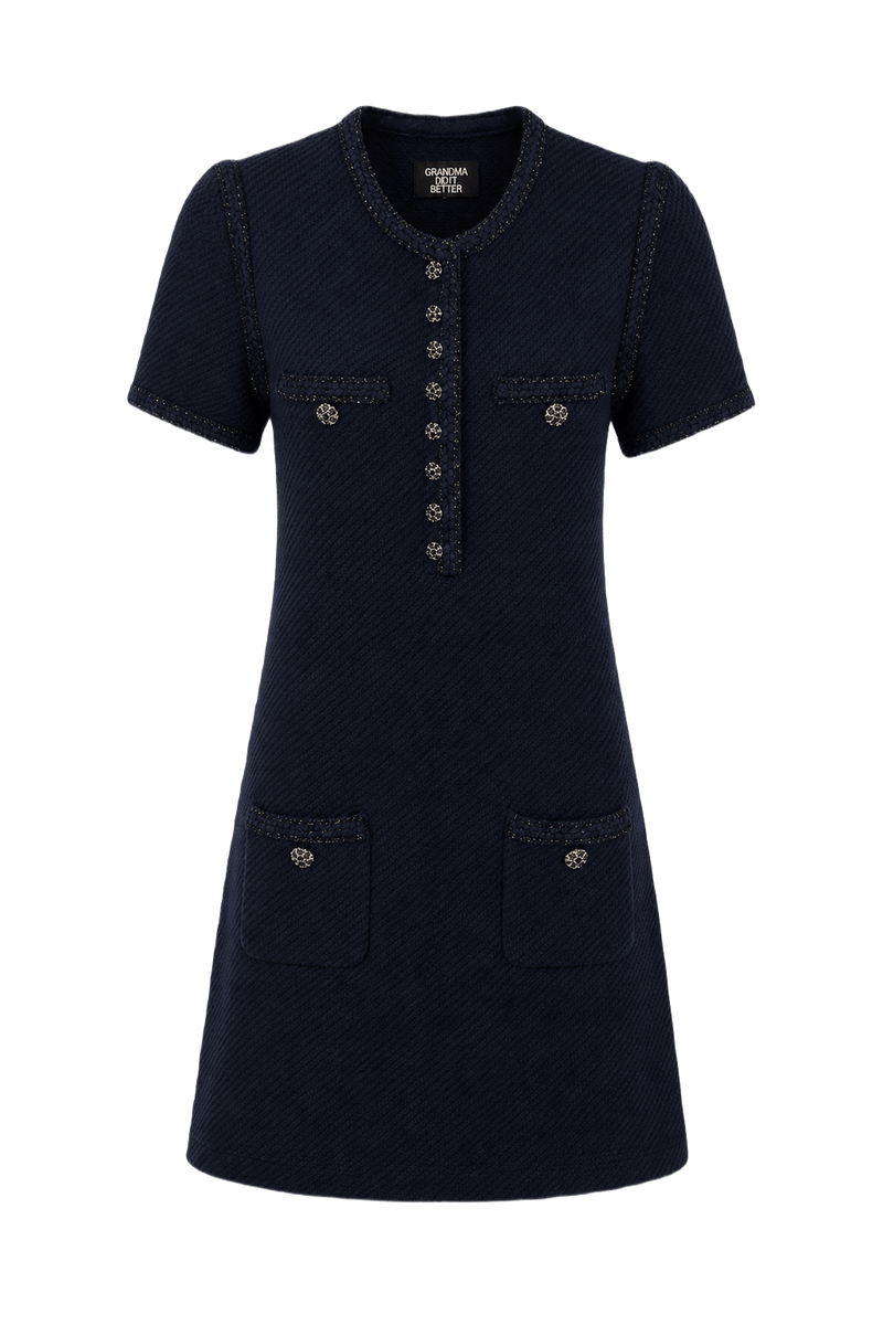 1990s Navy Blue Wool Blend Mini Dress - Front View