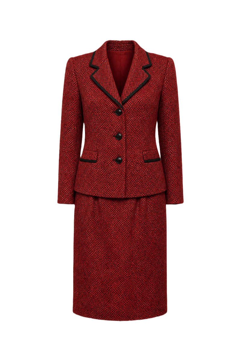 1990s Red Wool Skirt Suit - Front View