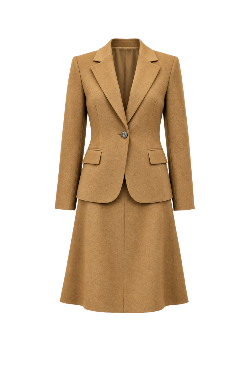 1970s Camel Wool Blend Skirt Suit - Front View