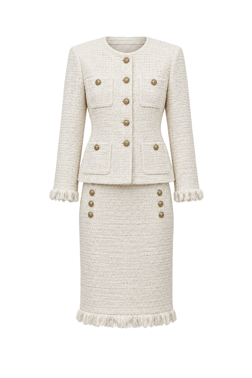 1980s Cream White Tweed Skirt Suit - Front View