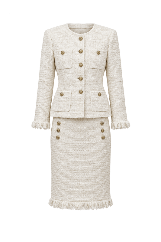 1980s Cream White Tweed Skirt Suit - Front View