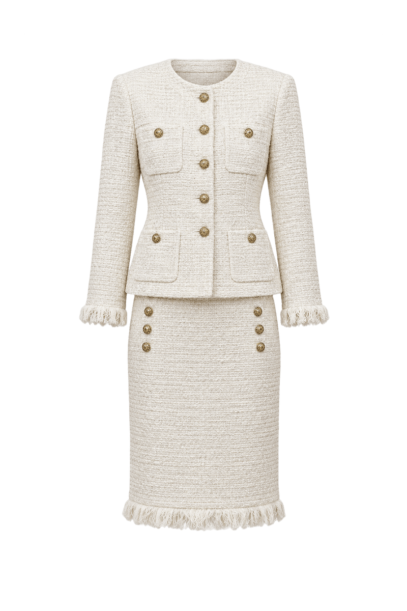 1980s Cream White Tweed Skirt Suit - Front View