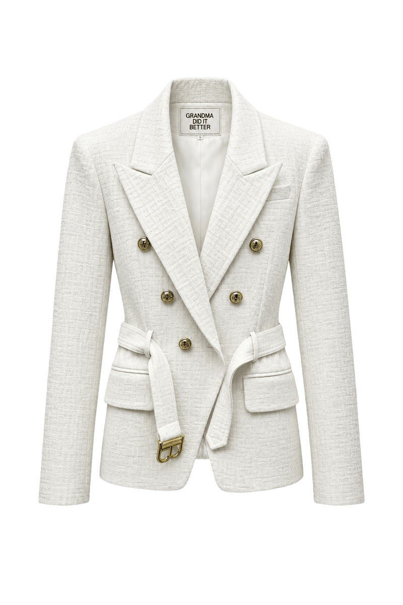 1980s Cream White Textured Cotton Blend Blazer - Front View