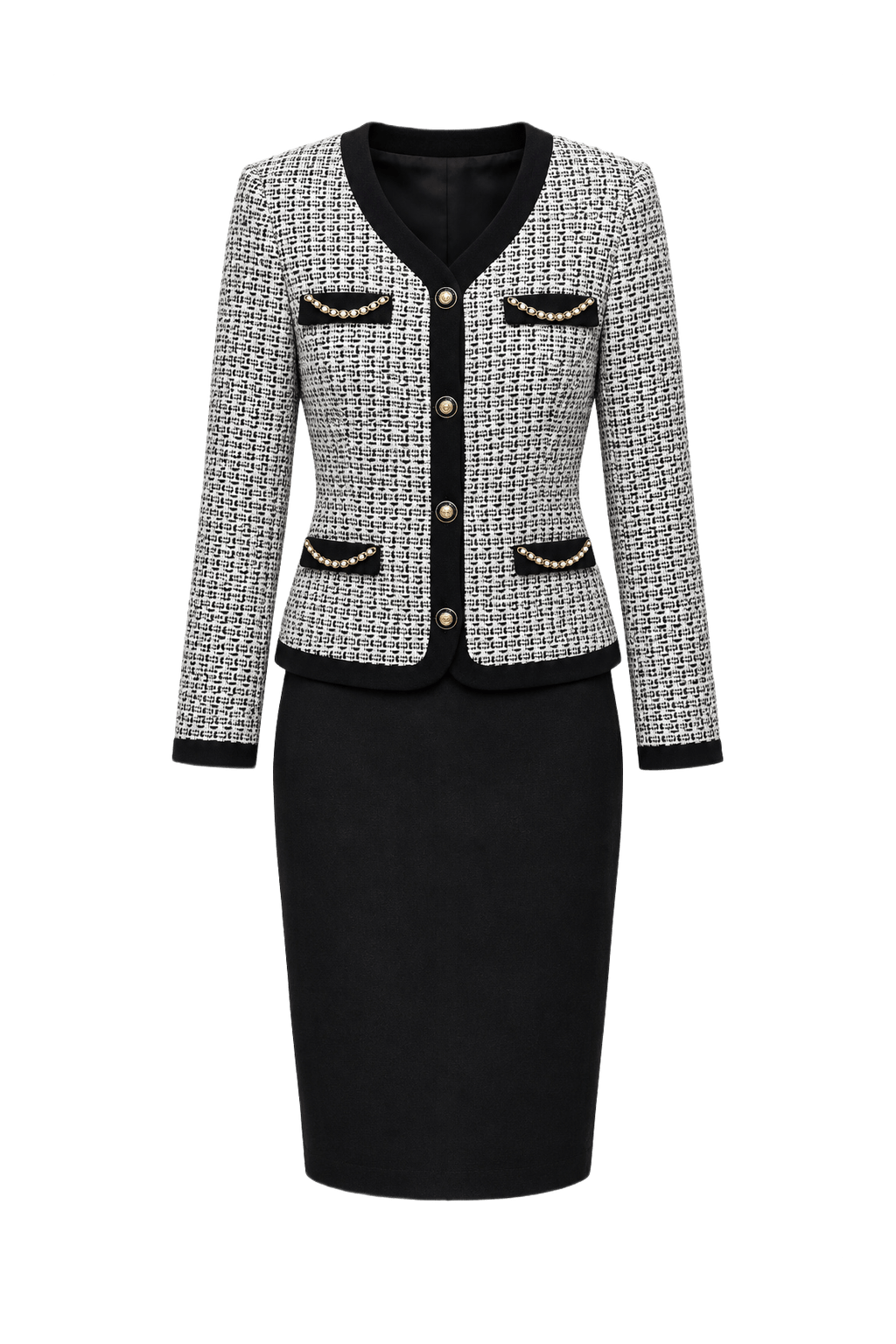 1980s Black and White Tweed Skirt Suit - Front View