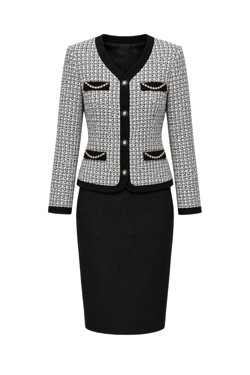 1980s Black and White Tweed Skirt Suit - Front View