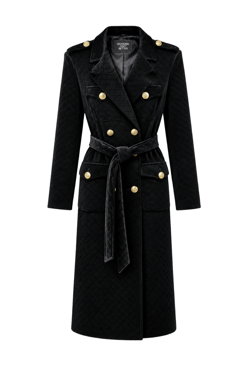 1980s Black Quilted Velvet Coat - Front View