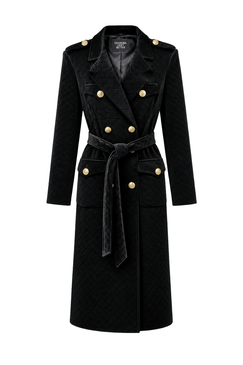 1980s Black Quilted Velvet Coat - Front View