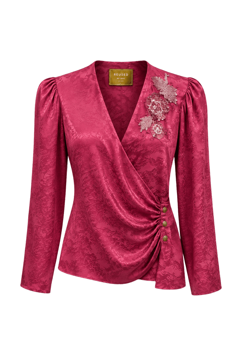 1980s Red Silk Blouse - Front View