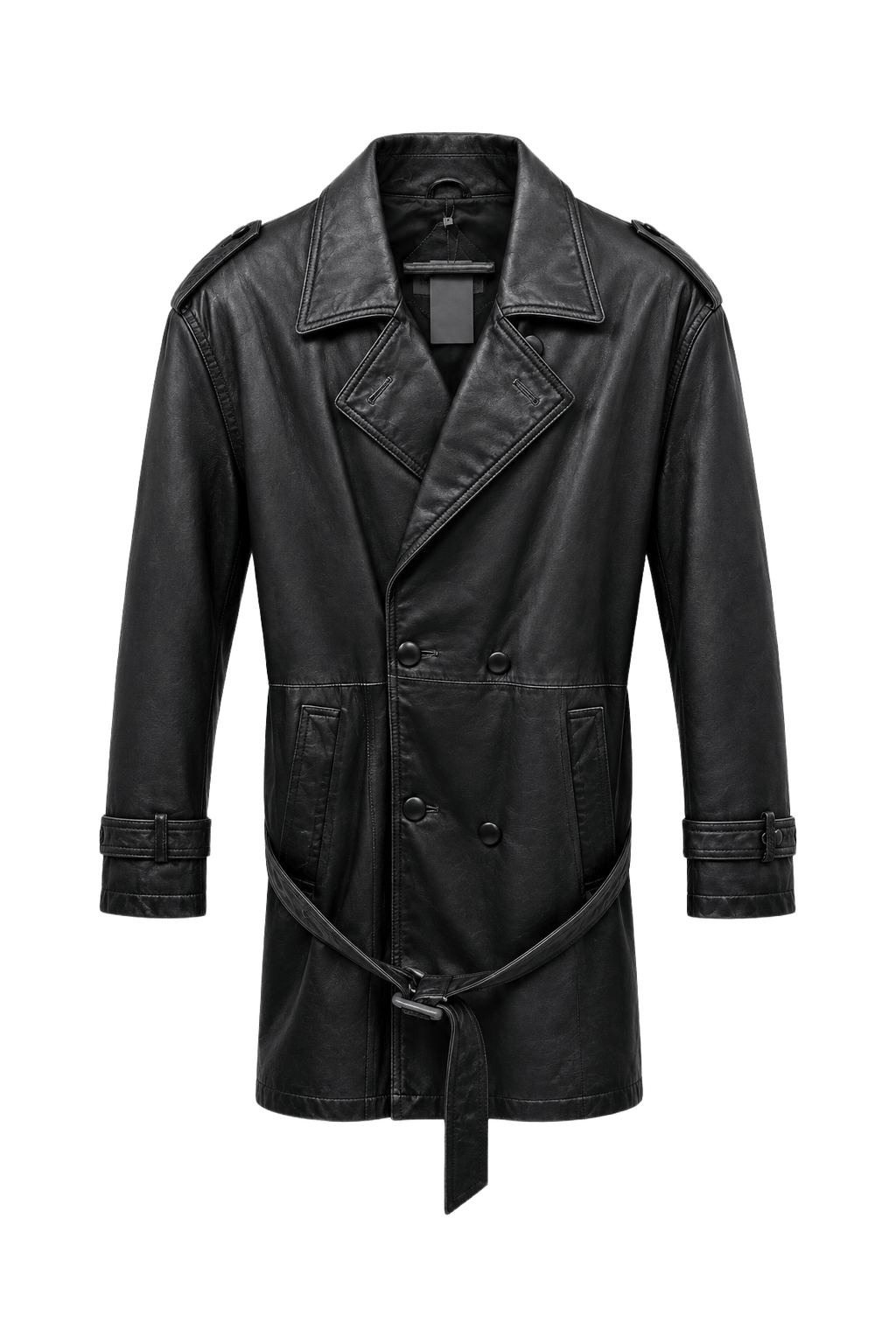 1980s Black Leather Coat - Front View