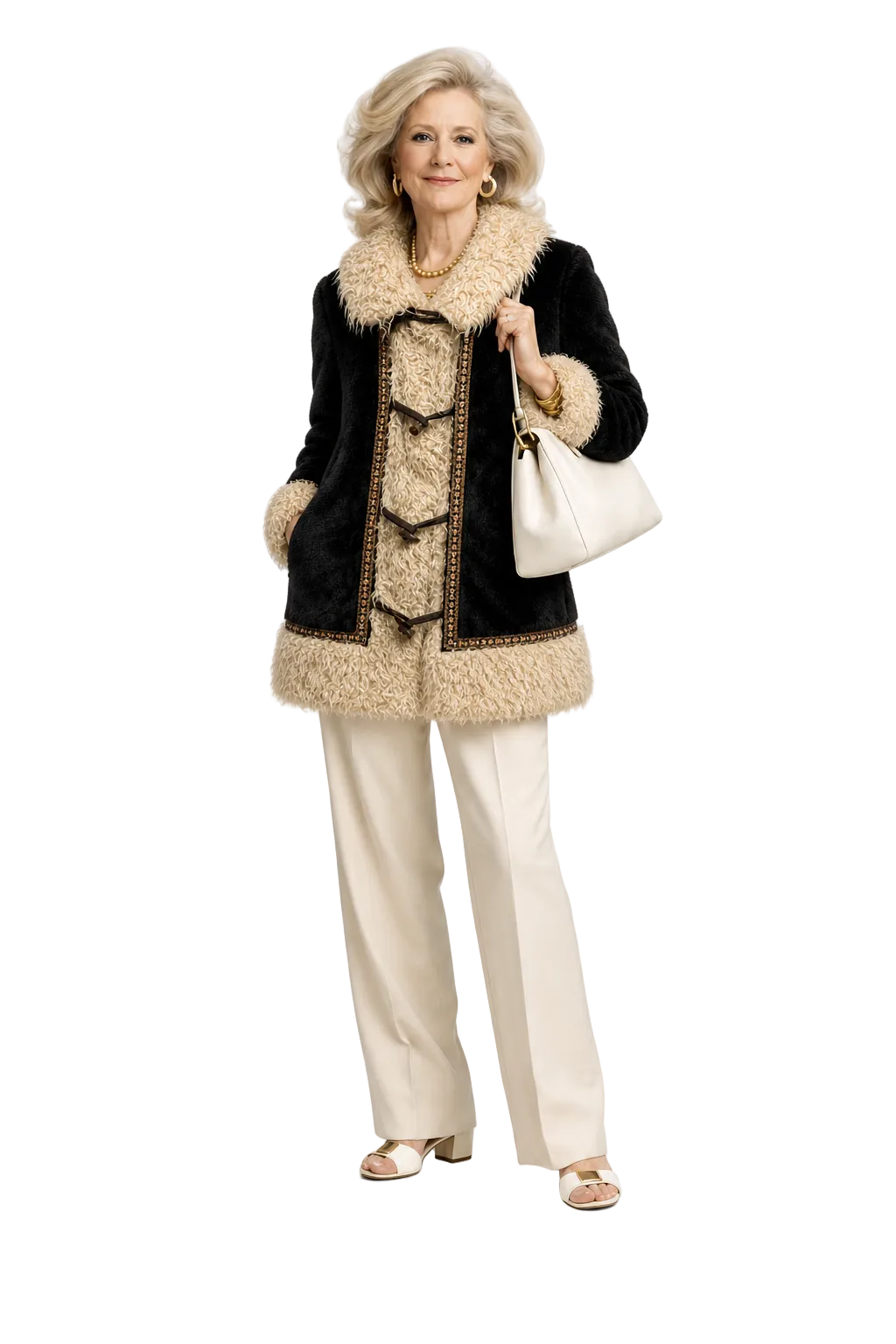 1970s Black Beige Faux Fur Coat - Model