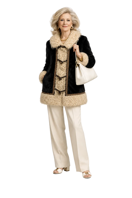 1970s Black Beige Faux Fur Coat - Model
