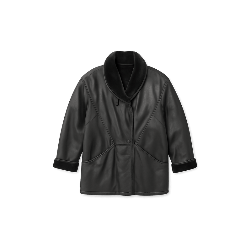 80s Black Leather Coat with Faux - Flat Lay