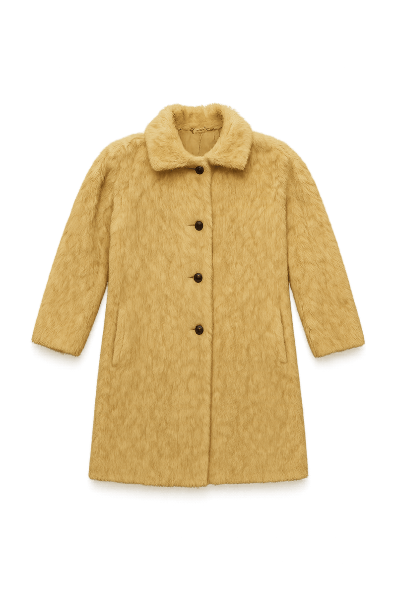 70s Women's Faux Fur Coat - Cream Yellow - Flat Lay