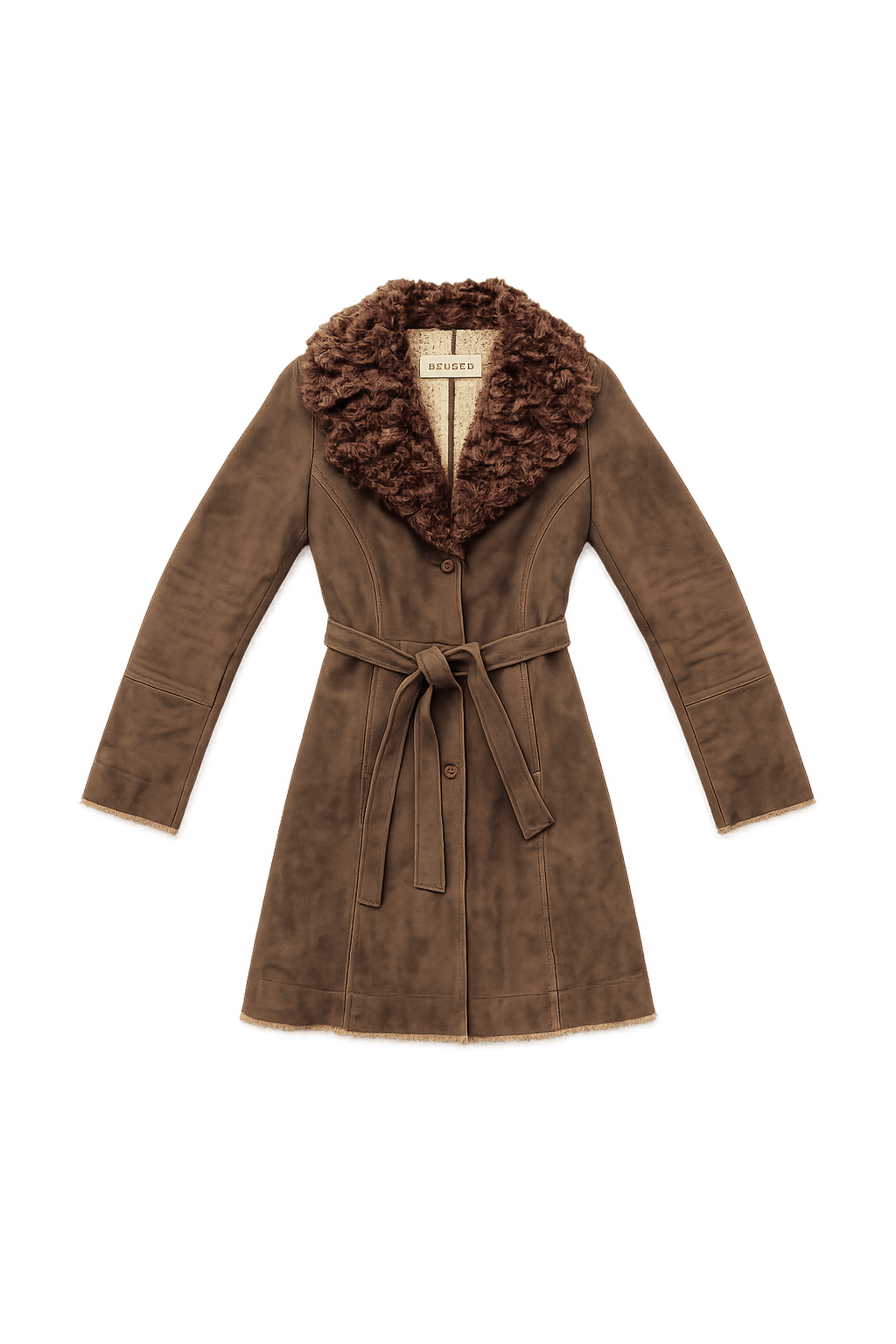 80s Brown Belted Coat with Faux Fur Collar - Flat Lay