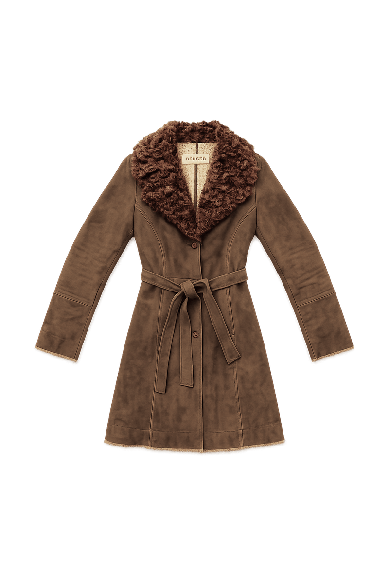 80s Brown Belted Coat with Faux Fur Collar - Flat Lay