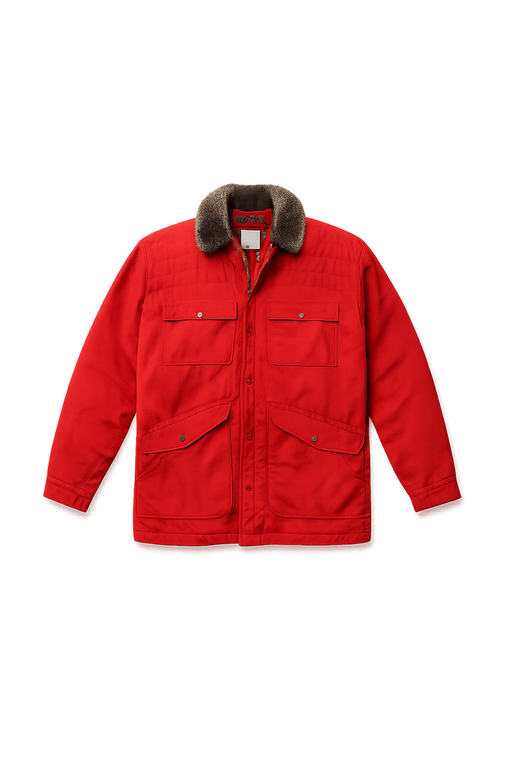 80s Men's Bold Red Jacket with Faux Fur Collar - Flat Lay