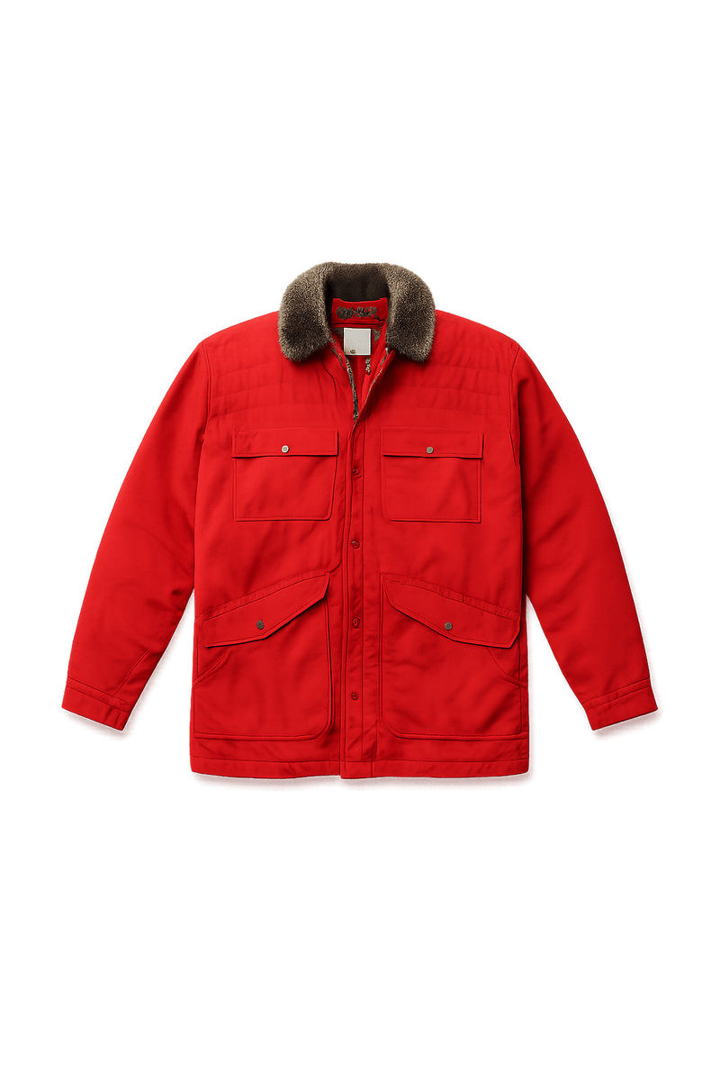 80s Men's Bold Red Jacket with Faux Fur Collar - Flat Lay