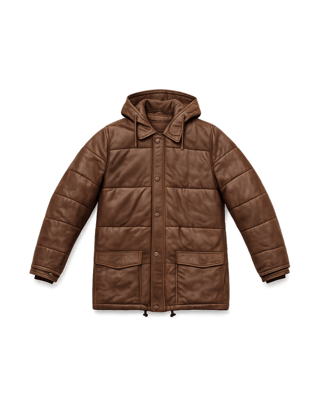 80s Unisex Brown Puffy Leather Jacket with Hood - Flat Lay Front