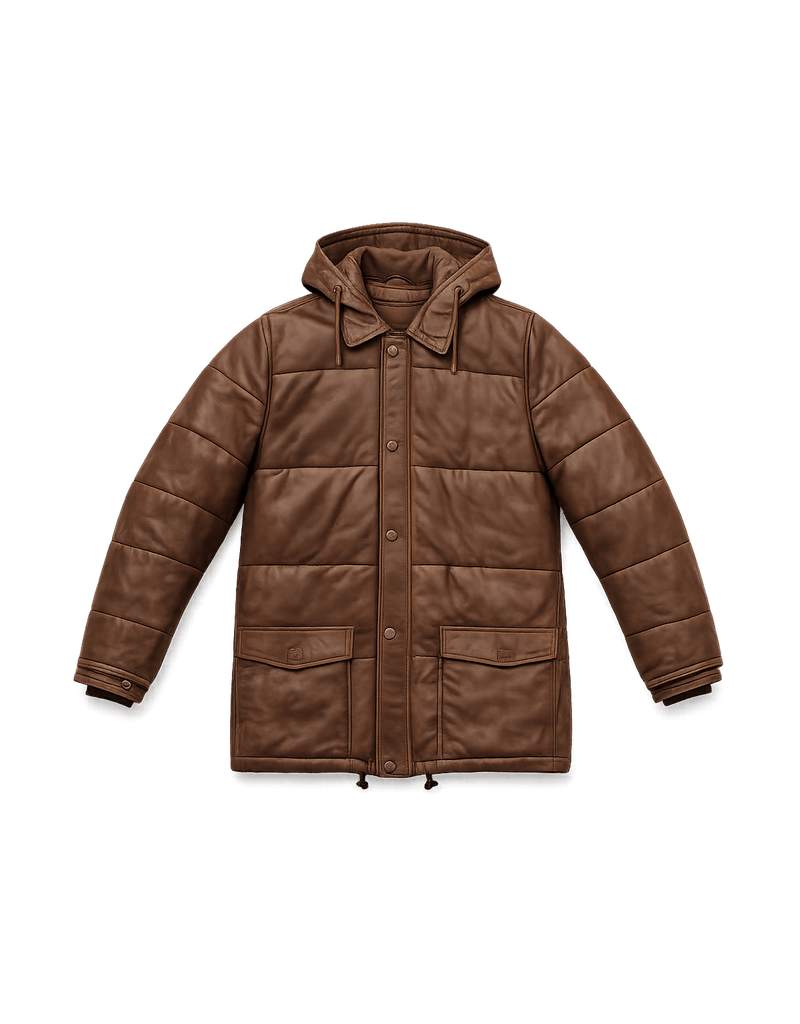 80s Unisex Brown Puffy Leather Jacket with Hood - Flat Lay Front
