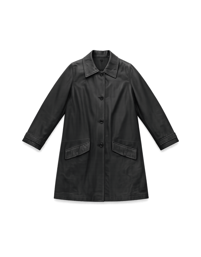 Unisex Leather Coat - Classic Design Features - Flat Lay Front