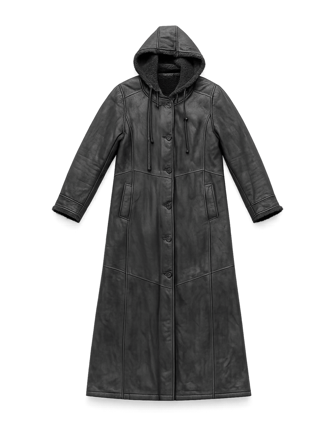80s Unisex Leather Coat with Faux Fur Lining - Flat Lay Front