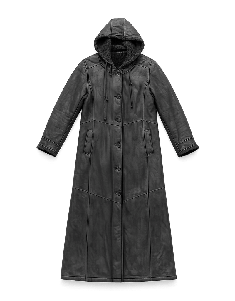 80s Unisex Leather Coat with Faux Fur Lining - Flat Lay Front