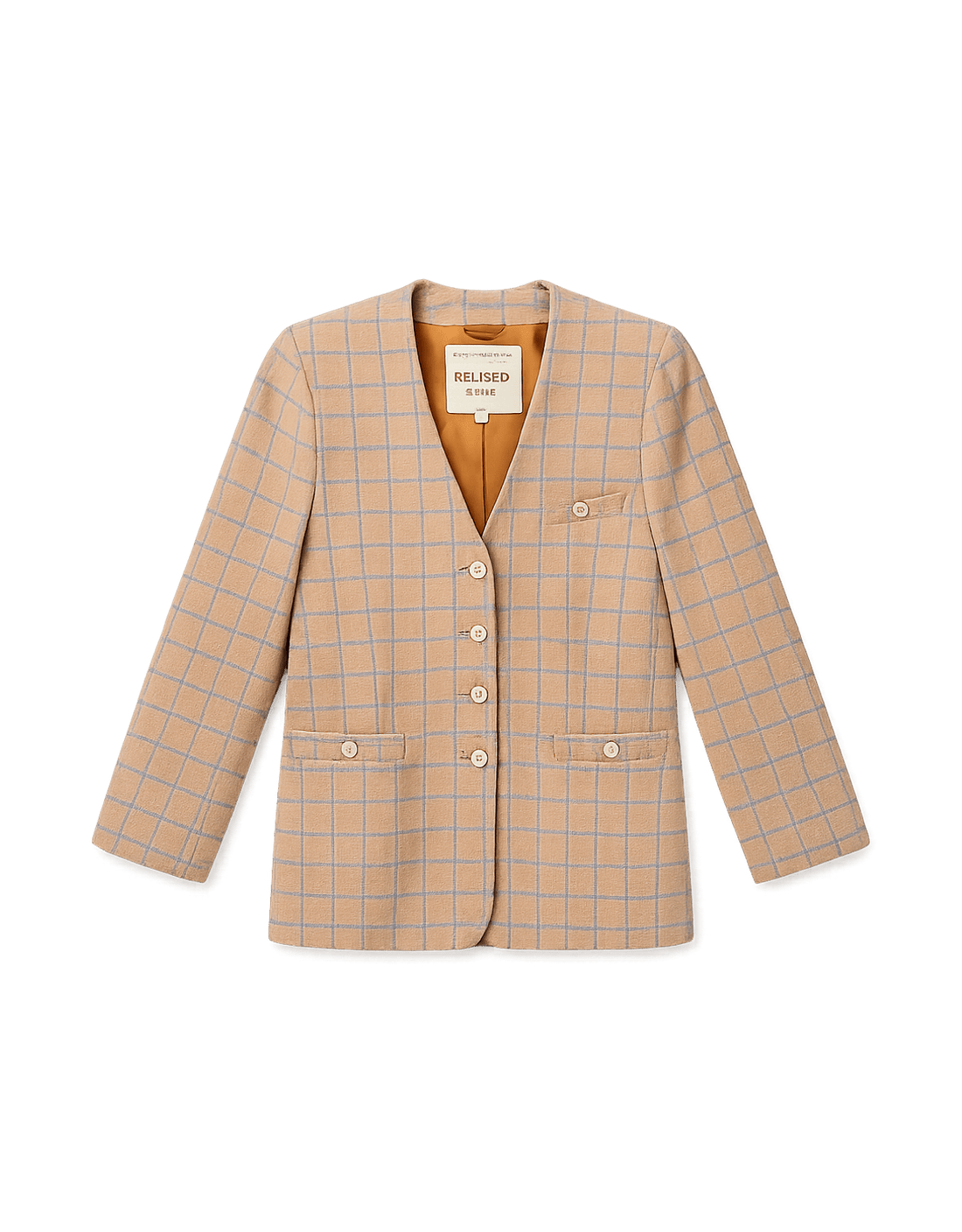 80s Womens Blazer - Peach Plaid Power Suit - Flat Lay Front