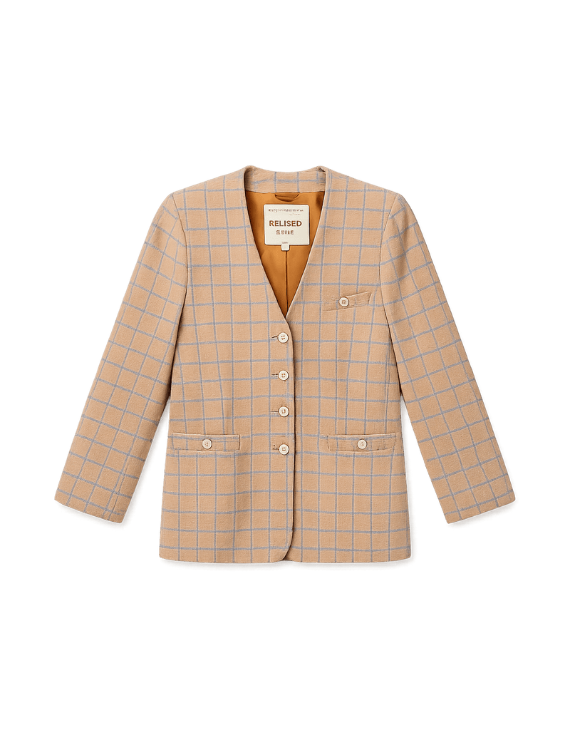 80s Womens Blazer - Peach Plaid Power Suit - Flat Lay Front