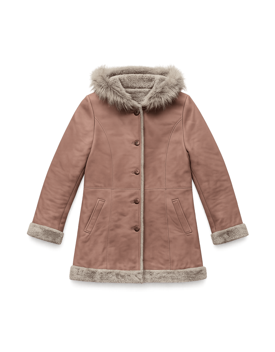 80s Taupe Leather Power Coat with Fur Trim - Flat Lay Front