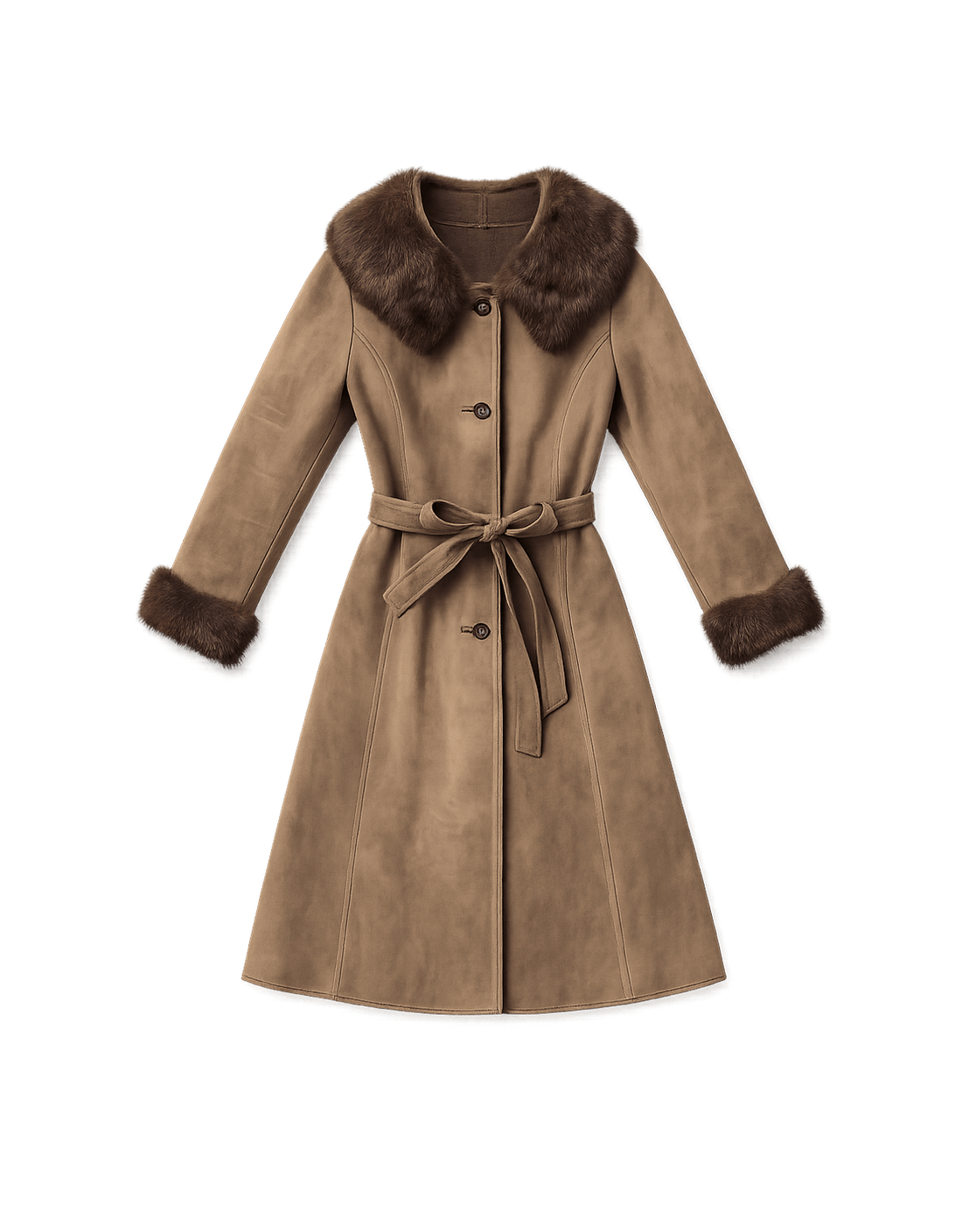 70s Leather Coat with Fur Collar and Waist Tie - Flat Lay Front
