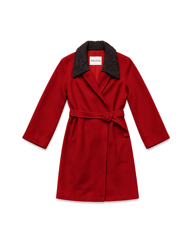 80s Red Satin Power Suit Dress with Faux Fur - Flat Lay Front