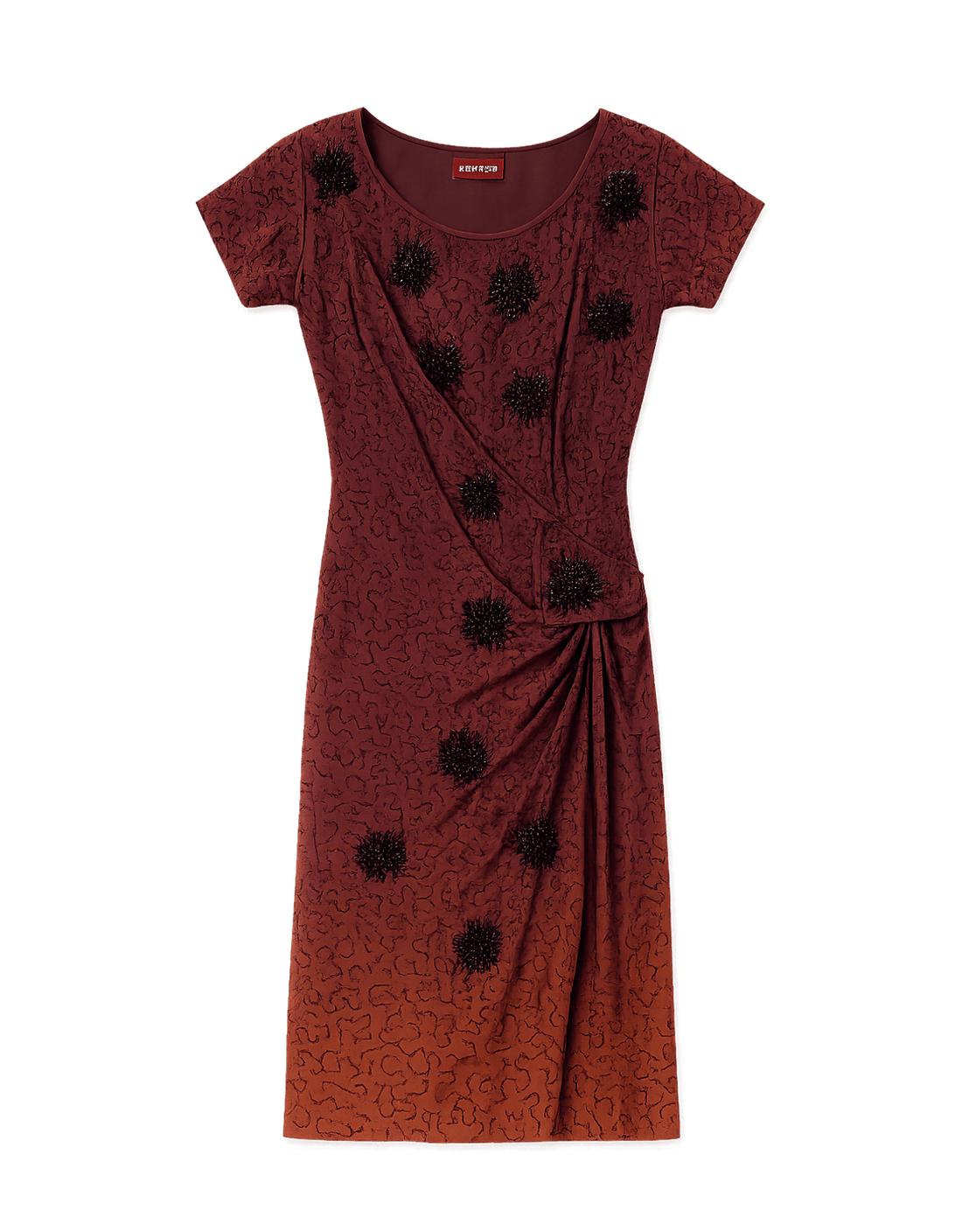 90s Burgundy Beaded Wrap Dress - Flat Lay Front